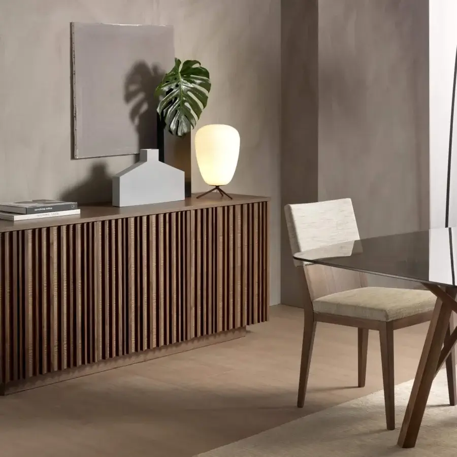 Superior Pacini & Cappellini Line sideboard with medium-brown wood and ribbed doors in a matte finish