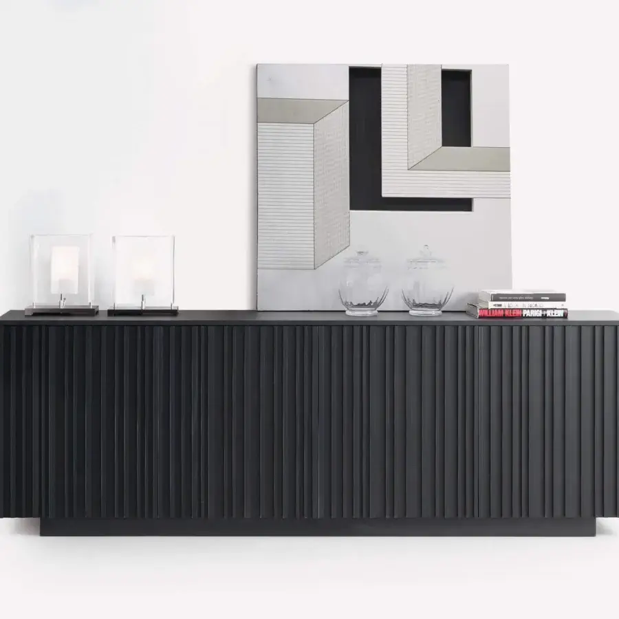 Distinguished Pacini & Cappellini Line sideboard with ridged wooden doors and dark gray veneered wood finish