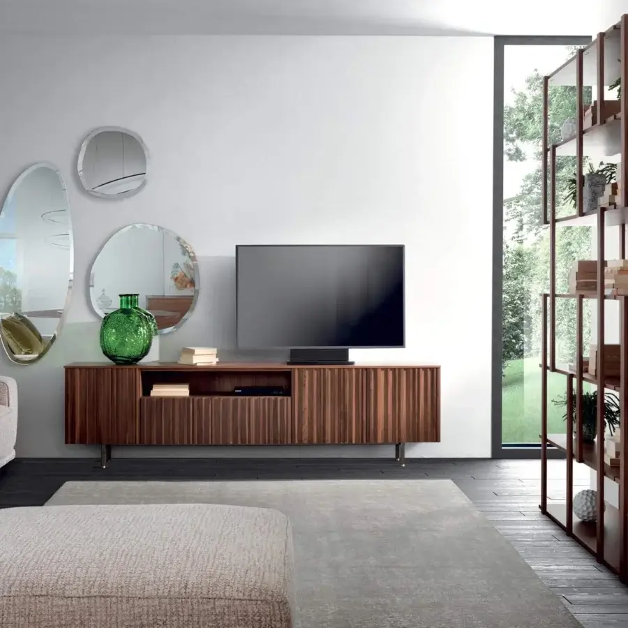 Exceptional Pacini & Cappellini Line TV stand crafted in dark brown wood with matte finish and sleek legs offering ample storage