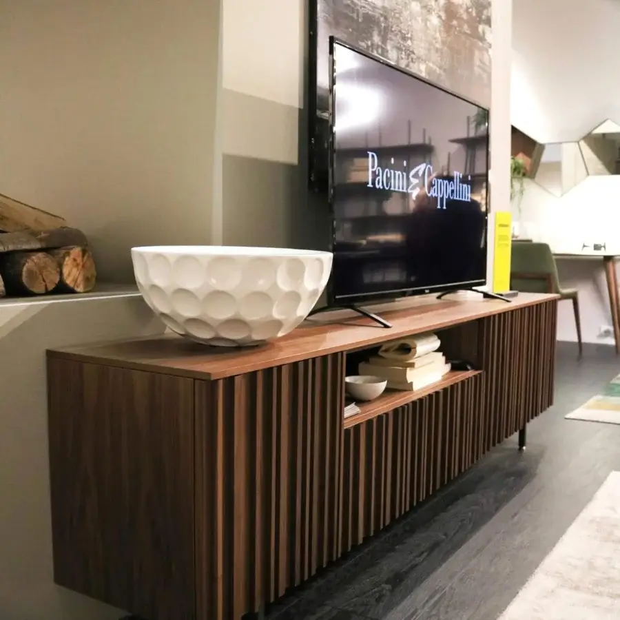 Elegant Pacini & Cappellini Line TV stand crafted in medium brown wood with clear glass shelves and graphite metal base