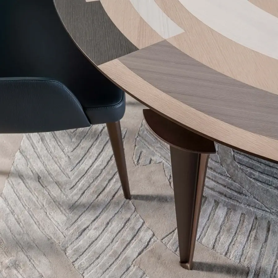 Distinguished Bizzotto Italia Jete table with Eucalipto Frisé wood tabletop in a sophisticated matte finish and tapered dark brown legs