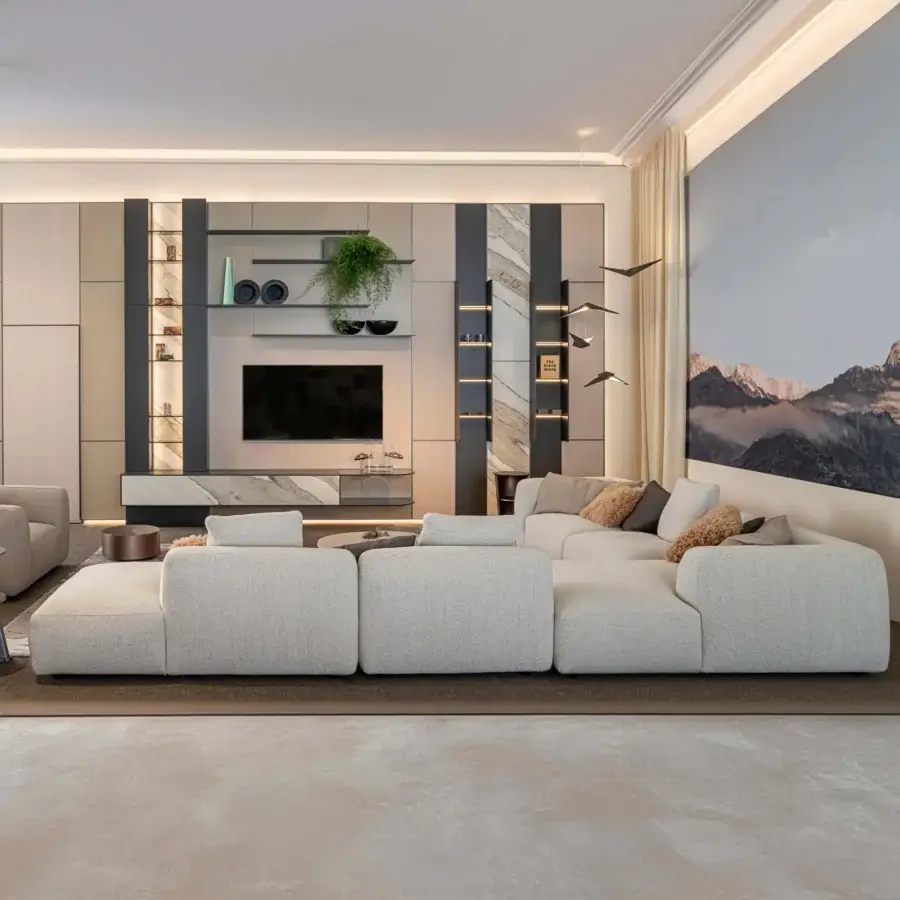 Lavish Bizzotto Italia Kumo sofa with light gray textured fabric and lacquered metal construction