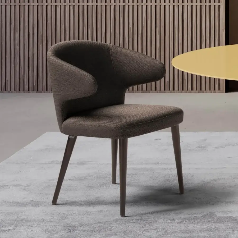 Distinguished Pacini & Cappellini Nora armchair with soft lines and textured matte brown textile upholstery built with a solid wood structure