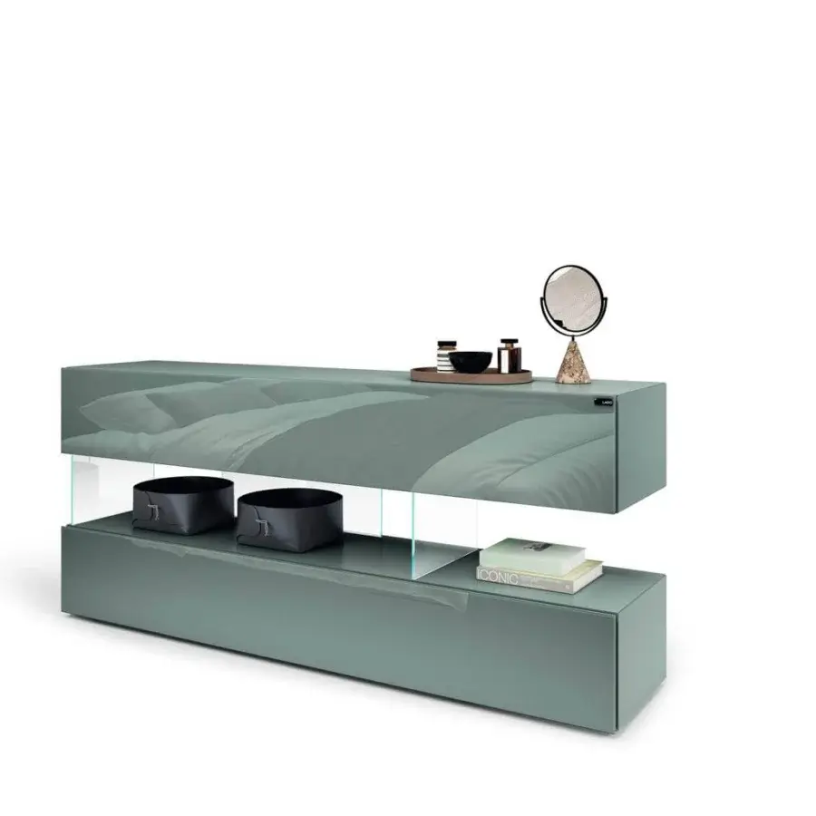 Distinguished Lago Air dresser with a muted green finish, crafted in Italy with aluminum filigree and textured graphic details