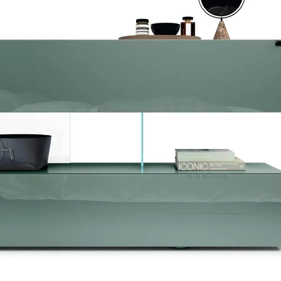 Exceptional Lago Air dresser with a glossy gray-green finish and imperceptible extra-clear tempered glass support