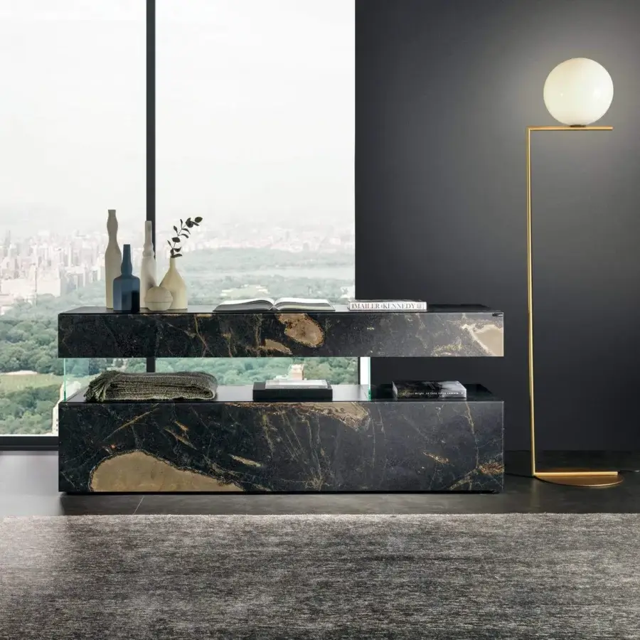 Captivating Lago Air dresser with stone, aluminum filigree and XGlass, boasting gold and beige marbling with a matte finish