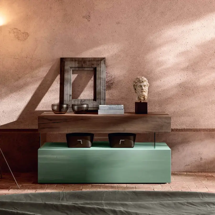 Distinguished Lago Air dresser with muted green and matte wood, crafted in Italy with extra-clear tempered glass and aluminum filigree