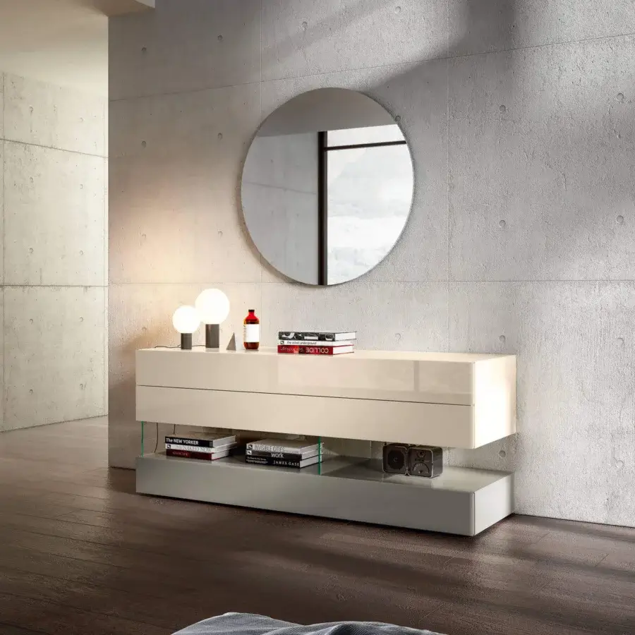 Superior Lago Air dresser with floating drawers in glossy light beige and matte gray, crafted with aluminum filigree and XGlass