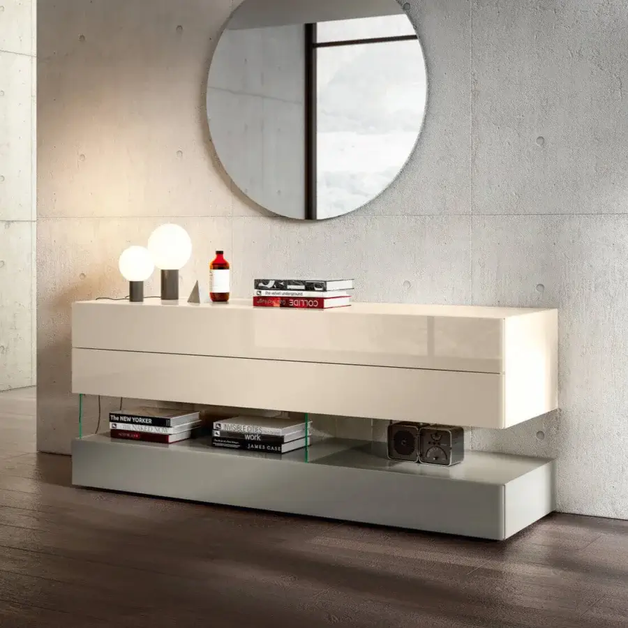 Innovative Lago Air dresser with stacked handleless drawers in glossy light cream and matte gray shelf crafted with extra-clear tempered glass