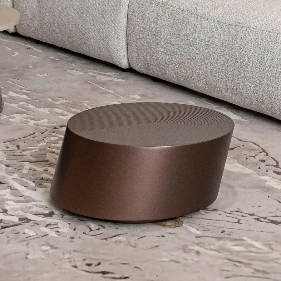 Exceptional Bizzotto Italia Plinko coffee table crafted with lacquered metal in bronze tone and concentric grooves