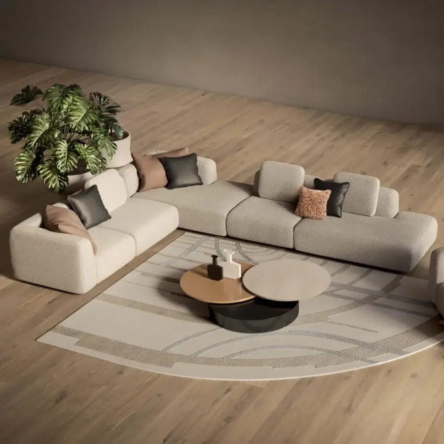 Elegant Bizzotto Italia Kumo sofa upholstered in light beige textile with chromatic brown and black cushions and lacquered metal structure
