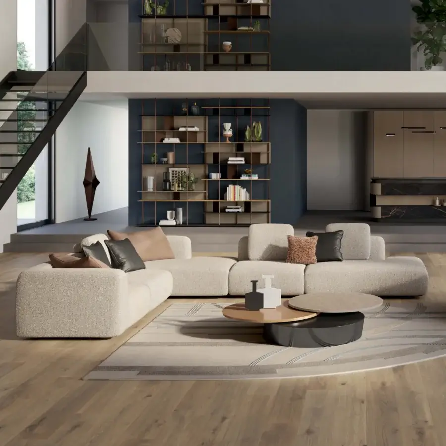 Distinguished Bizzotto Italia Kumo sofa crafted with lacquered metal and light beige textured fabric upholstery with leather accents