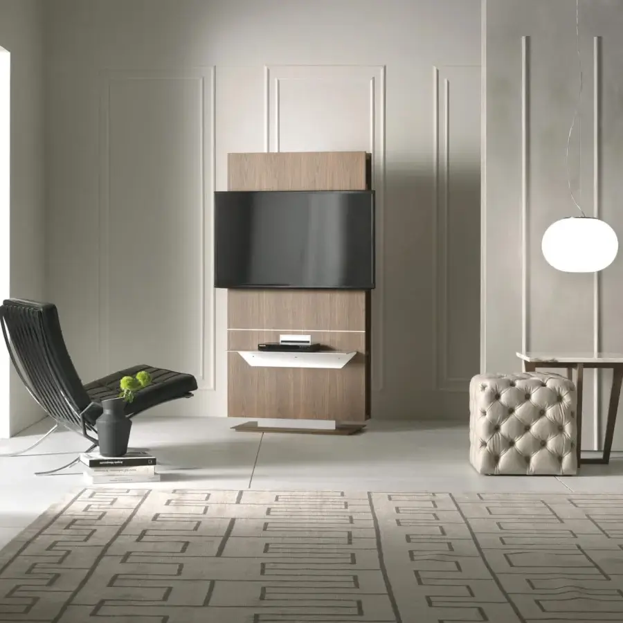 Sophisticated Pacini & Cappellini lounge TV stand built in medium brown veneered wood with oxidized aluminum shelving