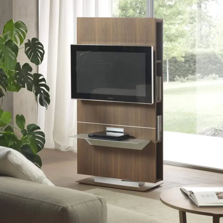 Exceptional Pacini & Cappellini lounge TV stand crafted in veneered wood with an oxidized aluminum shelf and warm finish