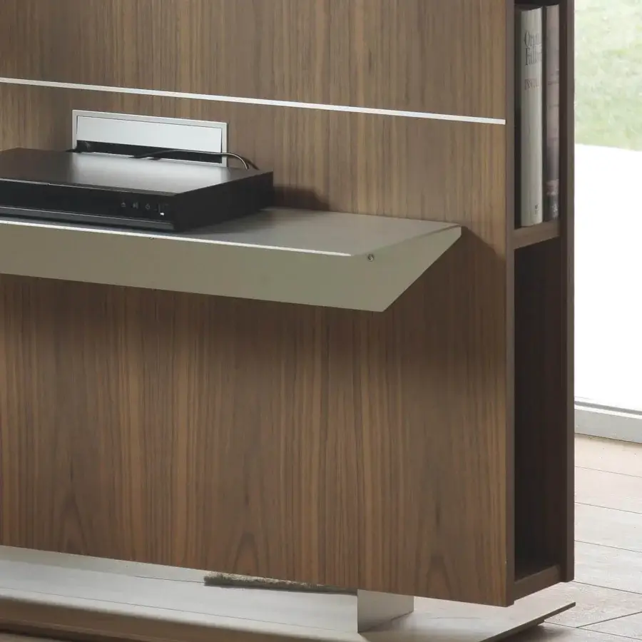 Distinguished Pacini & Cappellini lounge TV stand built in veneered wood with a smooth, medium brown finish and oxidized aluminum shelf