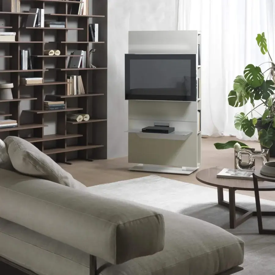 Superior Pacini & Cappellini lounge TV stand crafted in veneered wood with oxidized aluminum and matte finish