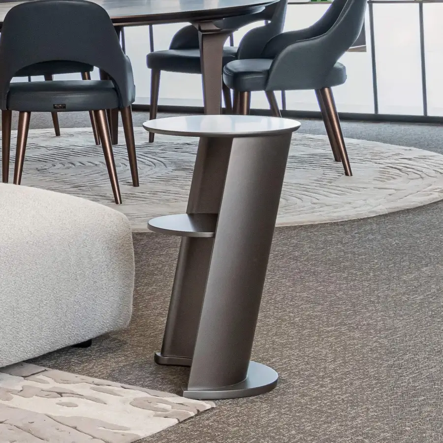 Elegant Bizzotto Italia Plinko side table crafted in dark gray lacquered metal with a smooth matt finish