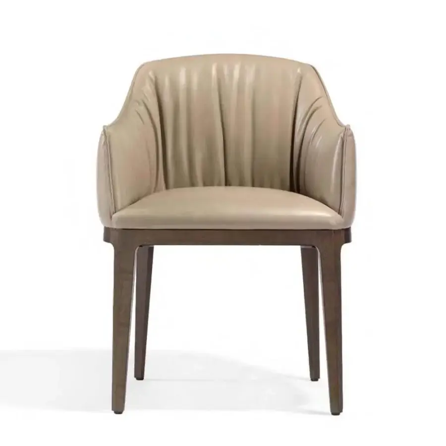 Exceptional Potocco Blossom armchair with refined ash wood and light beige textile featuring vertical gathers