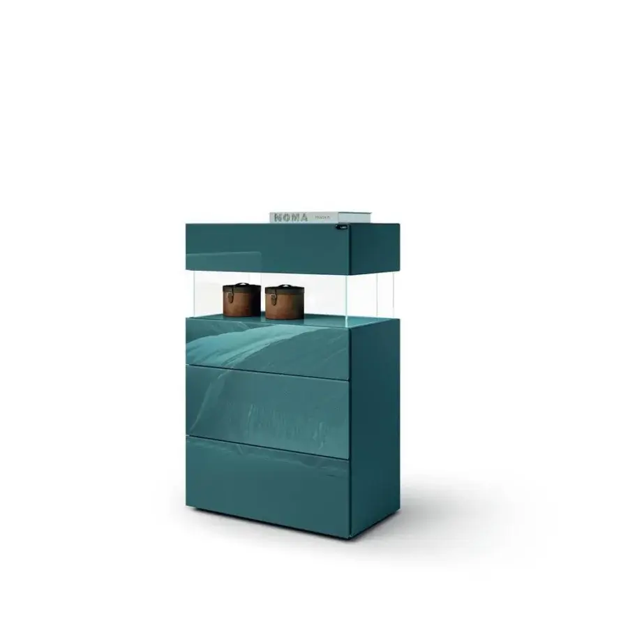 Innovative Lago Air dresser with glossy teal finish and wave-like drawer fronts built with extra-clear tempered glass