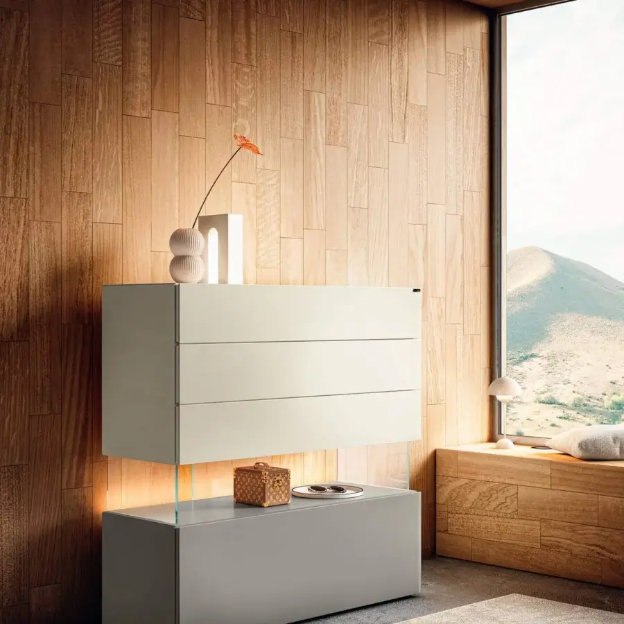 Superior Lago Air Vertical dresser with light gray matte finish and imperceptible extra-clear tempered glass support crafted in Italy
