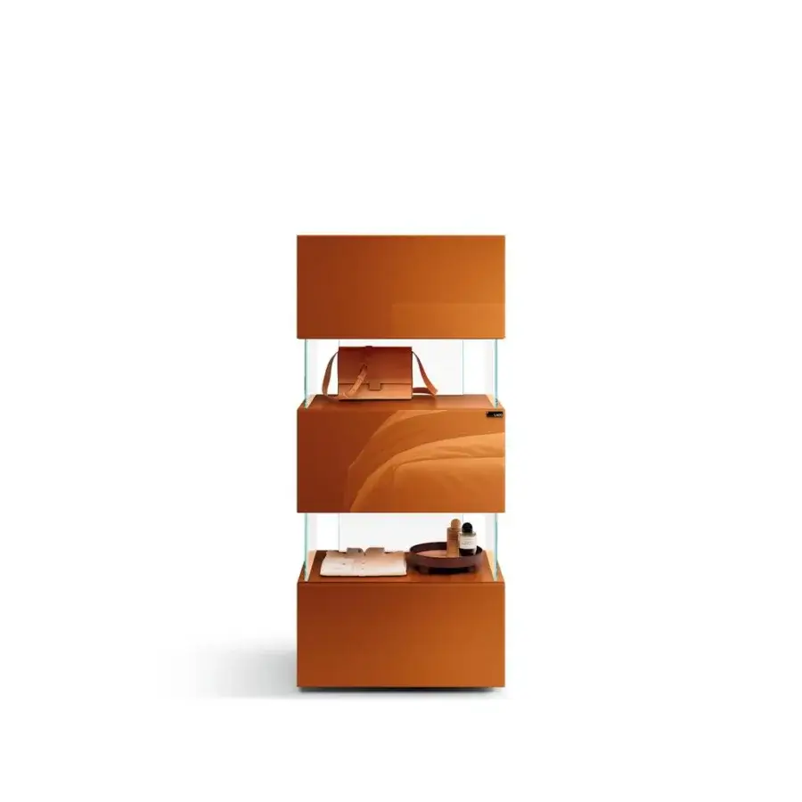 Distinctive Lago Air Vertical dresser with floating orange-brown wood drawer units and glossy extra-clear tempered glass supports