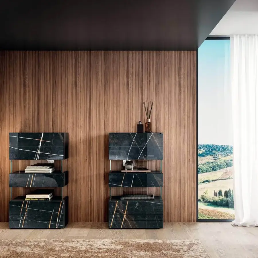 Exceptional Lago Air Vertical dresser with dark stone-like XGlass drawers and extra-clear tempered glass construction