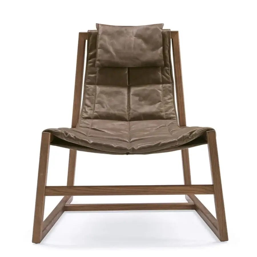 Exceptional Pacini & Cappellini relax lounge chair with quilted brown leather and solid wood frame crafted with a matte finish
