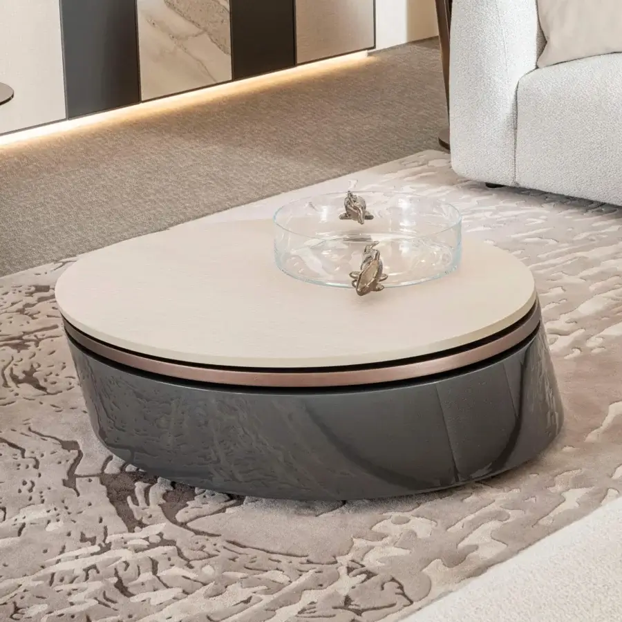Distinguished Bizzotto Italia Plinko coffee table crafted in natural wood with copper metal and textured gray base