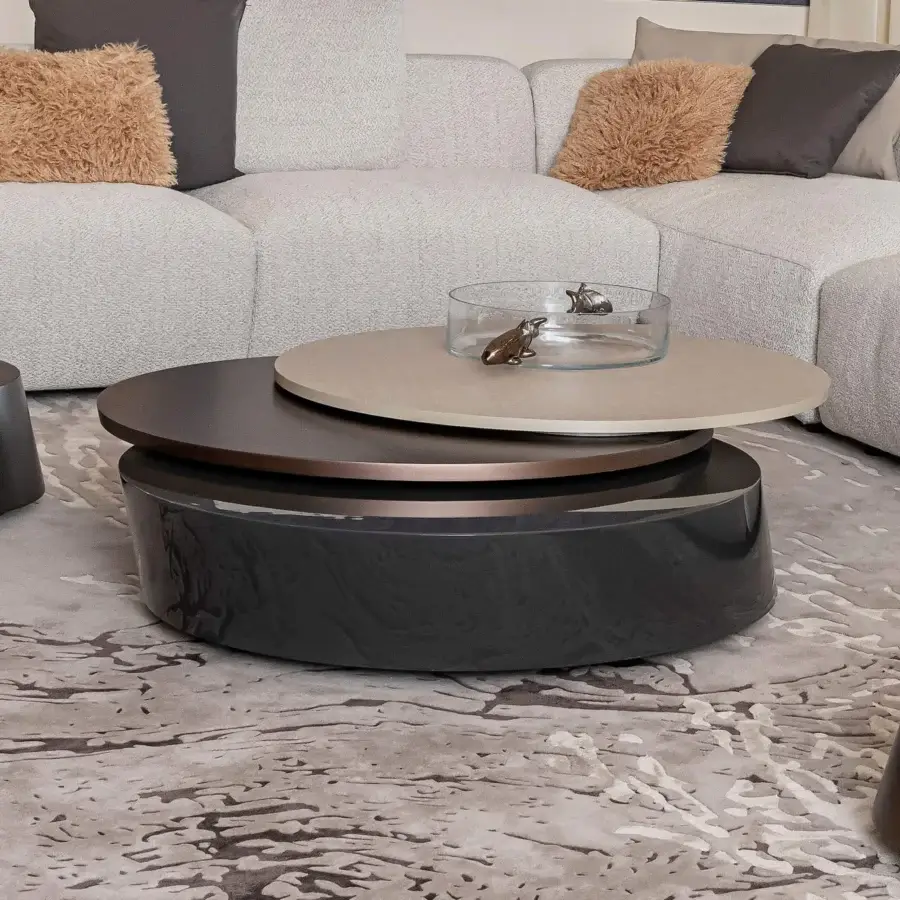 Elegant Bizzotto Italia Plinko coffee table in natural wood and dark gray with glossy finish and copper tone