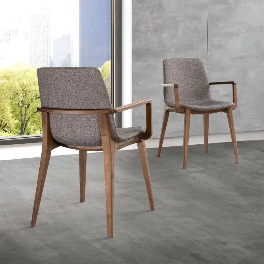 Exceptional Pacini & Cappellini Ellen chair with curved, padded shell upholstered in textured gray and brown fabric and light brown wood finish