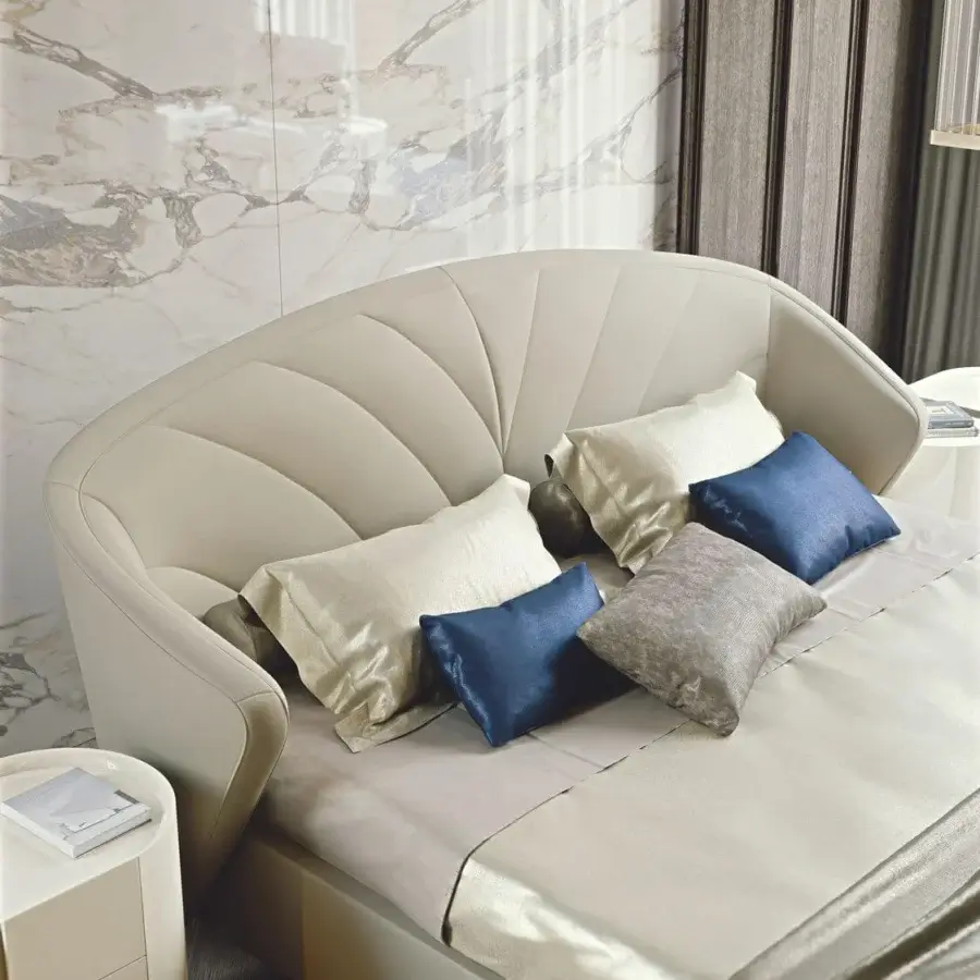 Lavish Bizzotto Italia Wave bed with creamy white fabric upholstery and fan-shaped headboard design