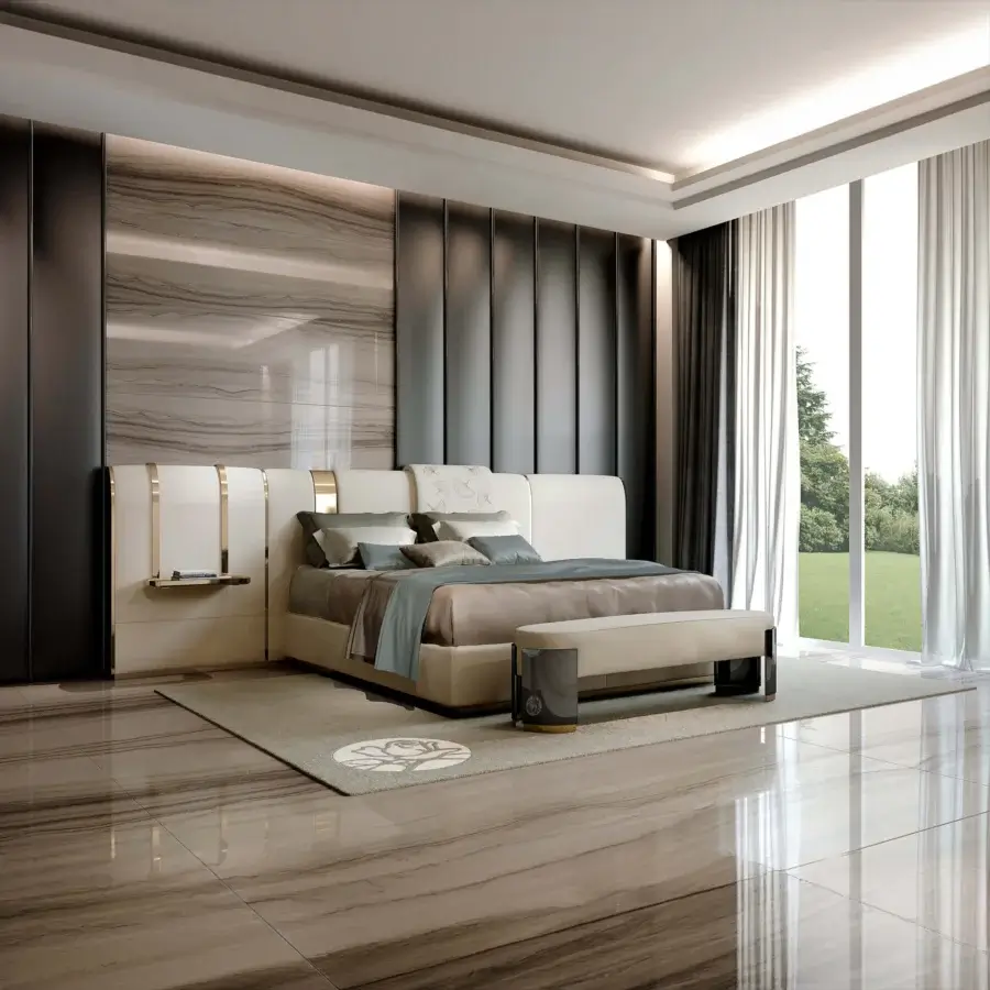 Elegant Bizzotto Italia Ginko bed with light beige textile and champagne metallic accents displaying a ginko leaf motif