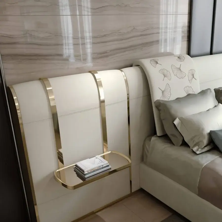 Refined Bizzotto Italia Ginko bed with a modular headboard upholstered in light beige textile and champagne metallic inserts