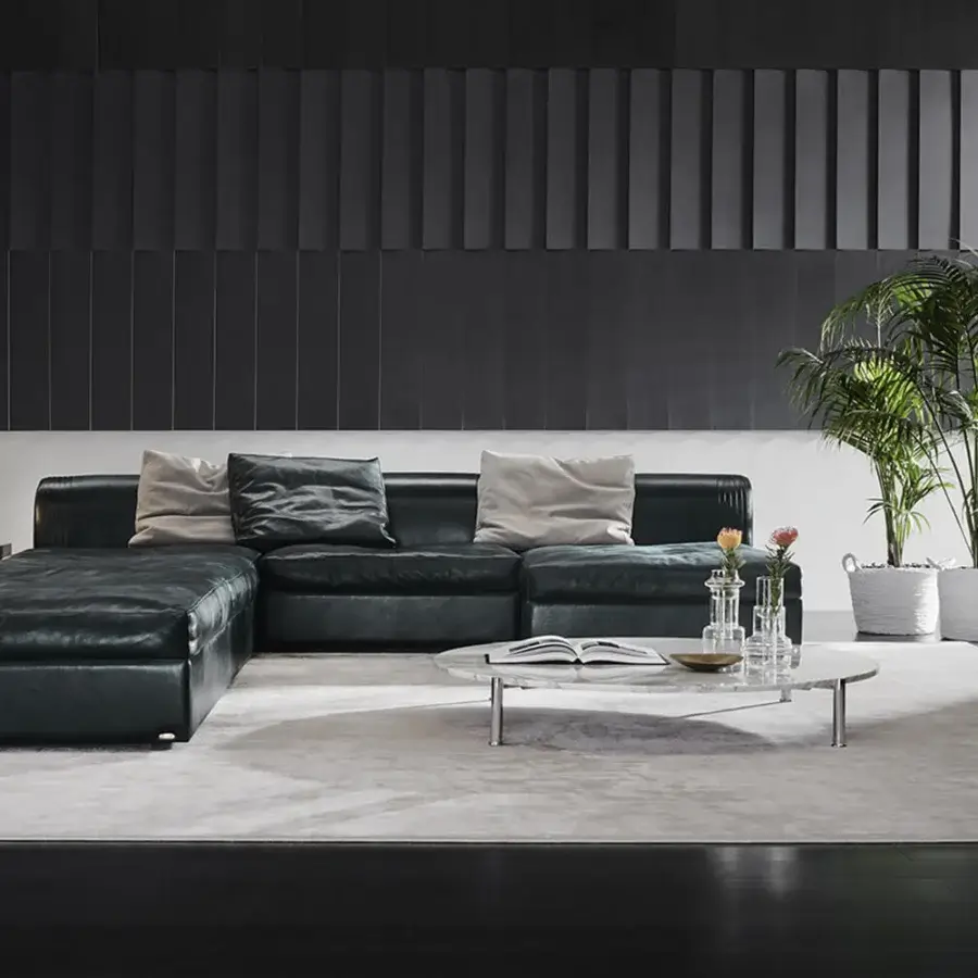 Exclusive Mascheroni Magicabula lounge chair with black steel structure and supple gray leather upholstery in a matte finish