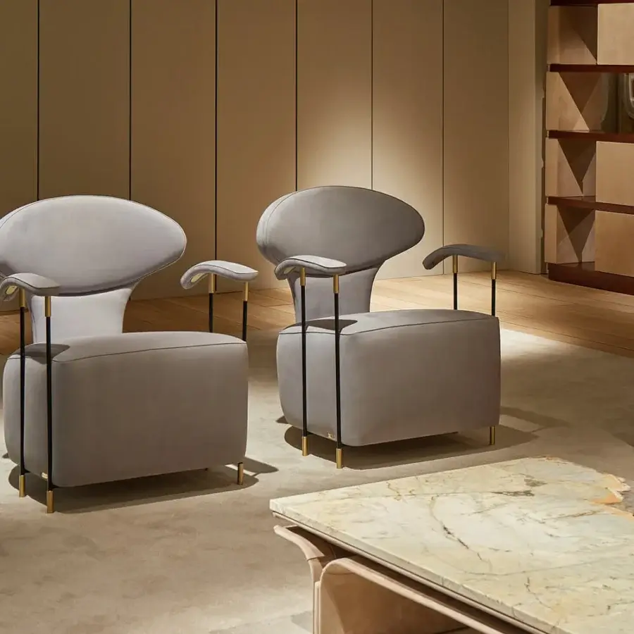 Handcrafted Mascheroni Magicabula lounge chair with muted gray textile upholstery and black powder-coated steel frame