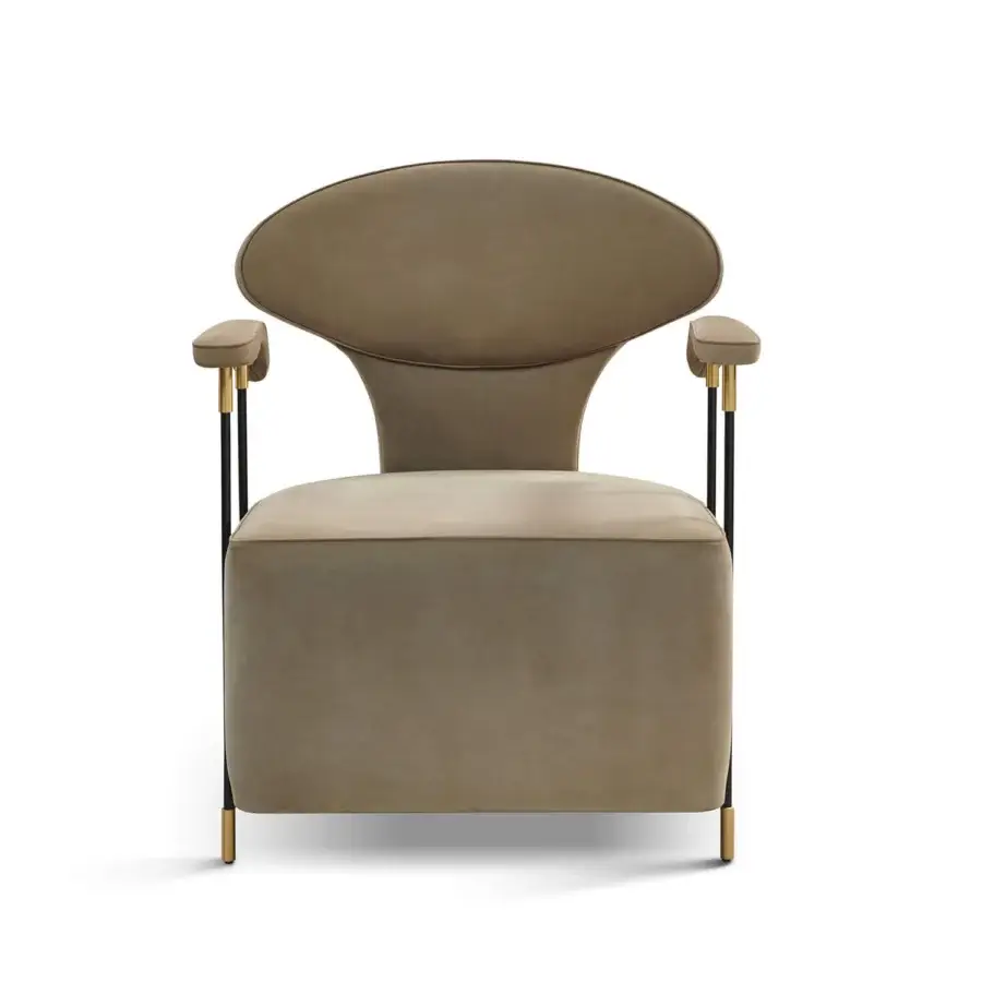 Elegant Mascheroni Magicabula lounge chair upholstered in soft beige textile with black powder-coated steel and precious brass feet