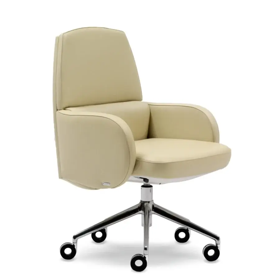 Elegant Mascheroni Studio armchair in light beige upholstery with shiny chrome base and rotating black castors