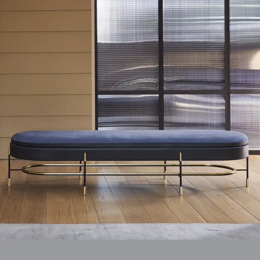 Exceptional Mascheroni Circe bench enveloped in dark blue textile with a black metal structure and precious brass feet