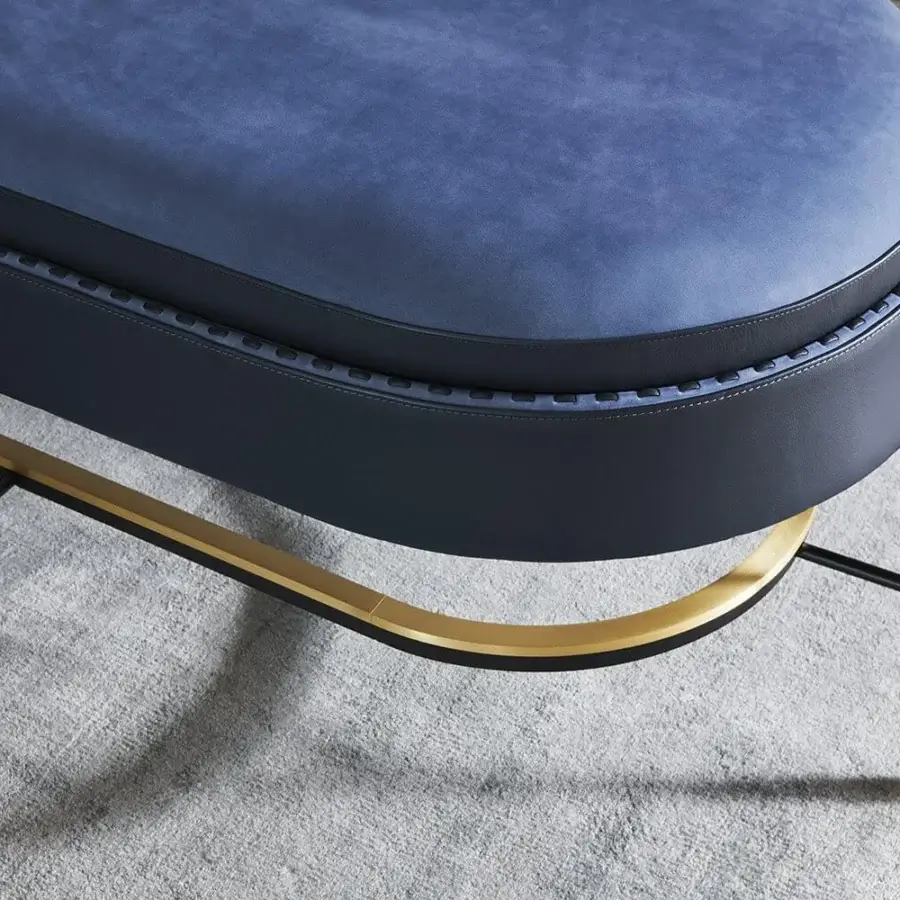 Distinguished Mascheroni Circe bench crafted in light blue textile with hand stitching and a black metal structure with brass feet