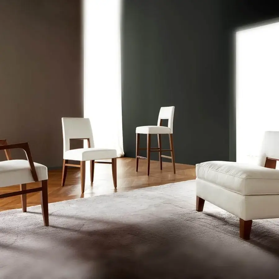 Elegant Costantini Pietro Blues chair with light textile upholstery and dark matte beech wood frame