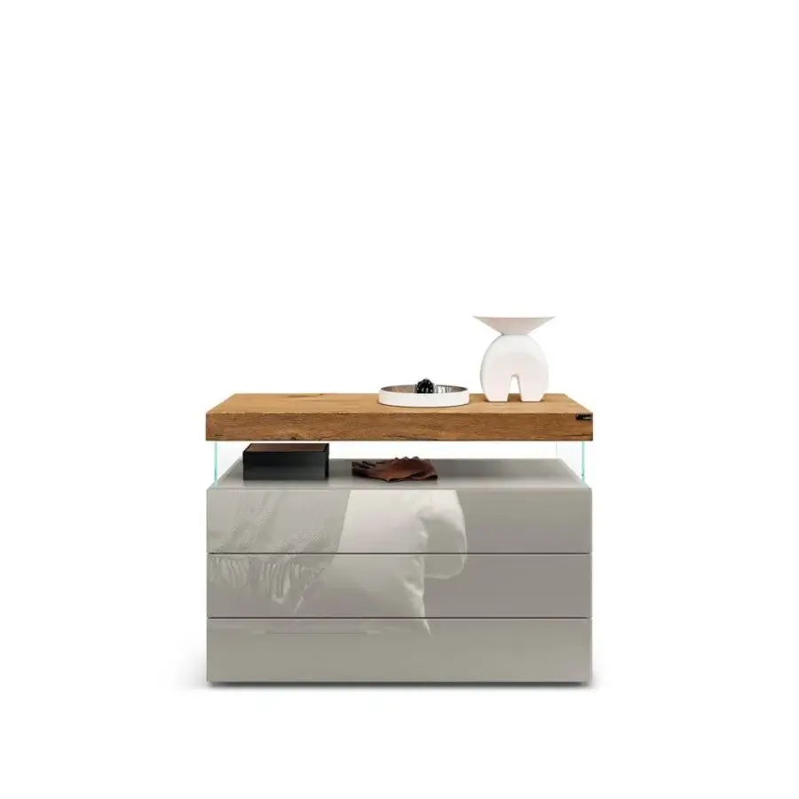 Distinguished Lago Air dresser with glossy light gray drawers and light brown wooden top built with extra-clear tempered glass