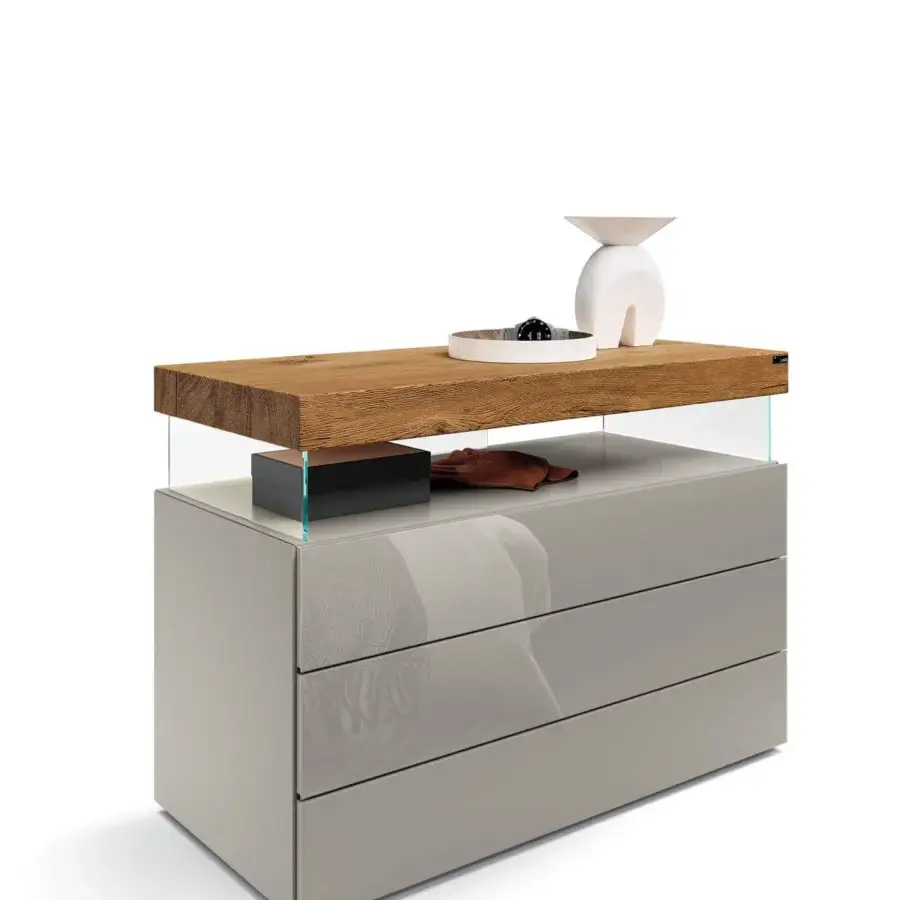 Exceptional Lago Air dresser with three glossy grey drawers and warm brown wooden surface built with extra-clear tempered glass support