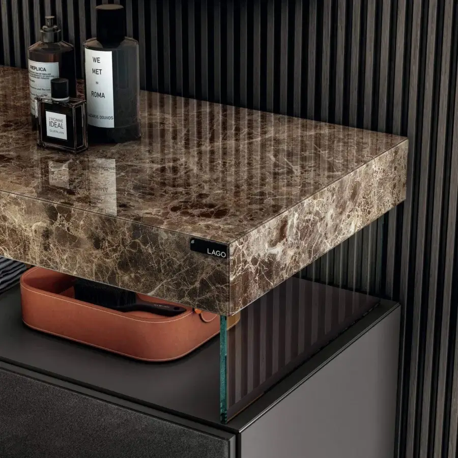 Distinguished Lago Air dresser with XGlass marble top and matte grey wood, accented with dark brown, plus a leather tray