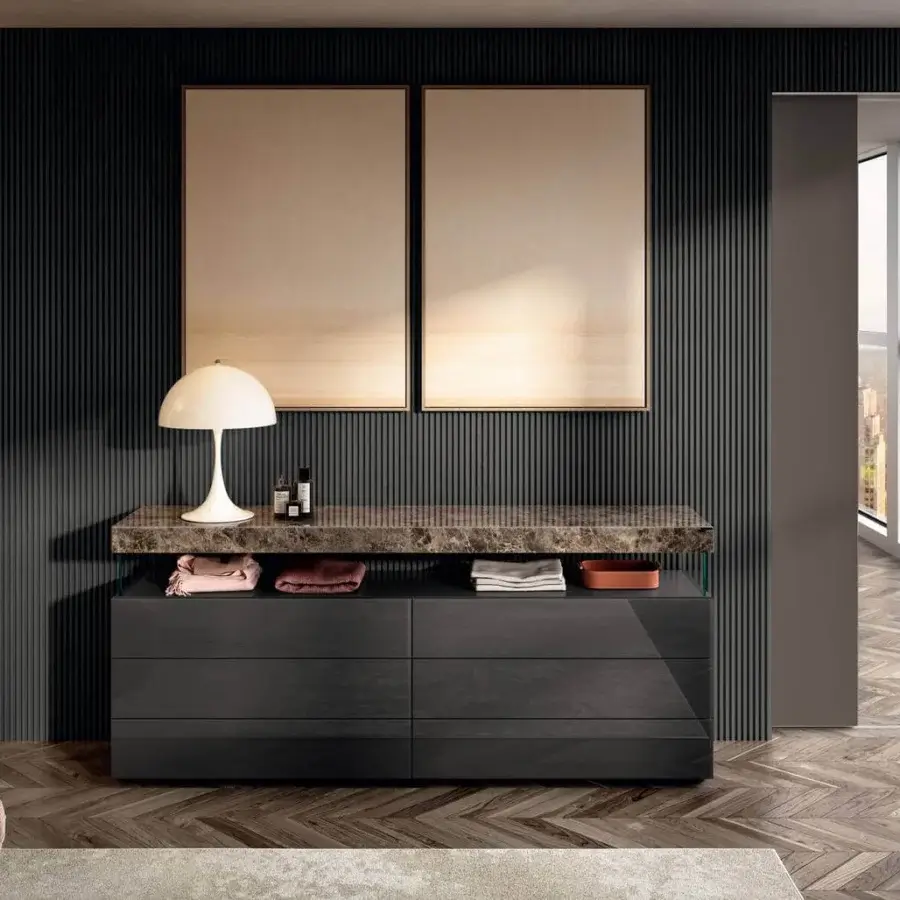 Innovative Lago Air dresser with dark grey cabinet, six drawers and marble-patterned XGlass top supported by extra-clear tempered glass