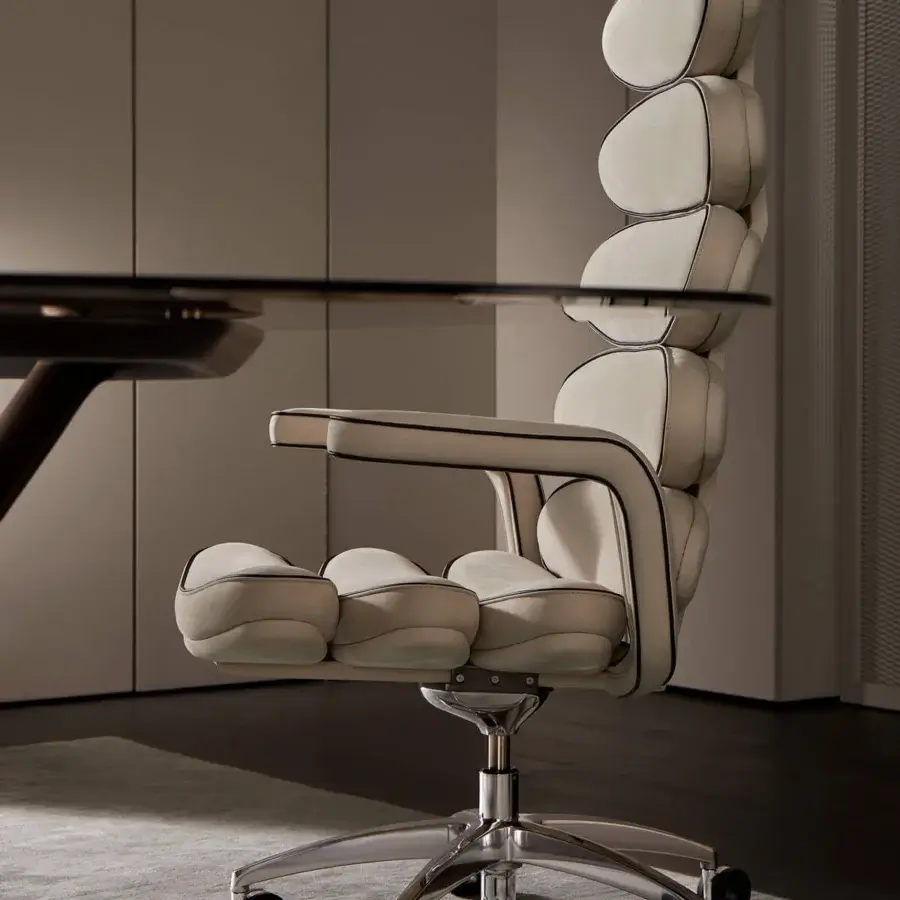 Superior Mascheroni Airone armchair built in Italy with light cream foam rubber upholstery and black accents