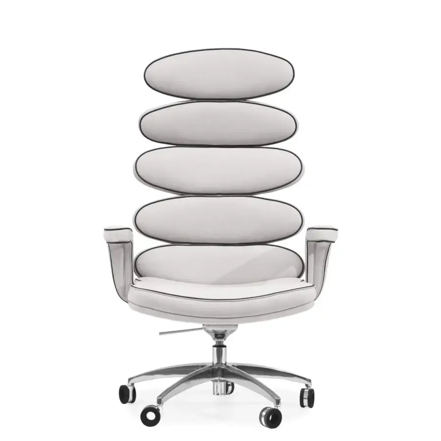 Exclusive Mascheroni Airone armchair with light gray textile upholstery, a tall segmented backrest and shiny swivel base built in Italy