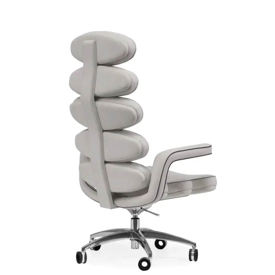 Superior Mascheroni Airone armchair with light gray material upholstery, a shiny swivel base and steel frame built with non-deformable foam rubber