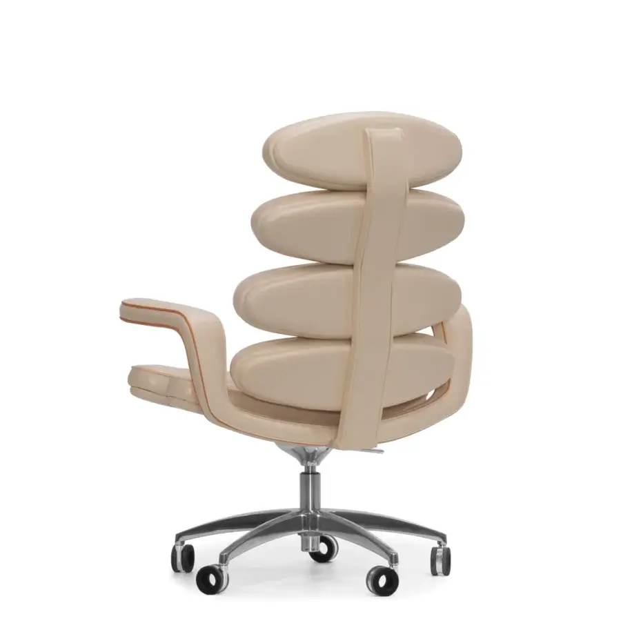 Exceptional Mascheroni Airone armchair with segmented light beige upholstery and shiny five-spoke swivel base crafted in birch shaped wood and steel