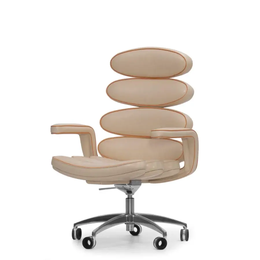 Lavish Mascheroni Airone armchair with light beige upholstery, contrasting brown piping and shiny swivel five-spoke base crafted in Italy