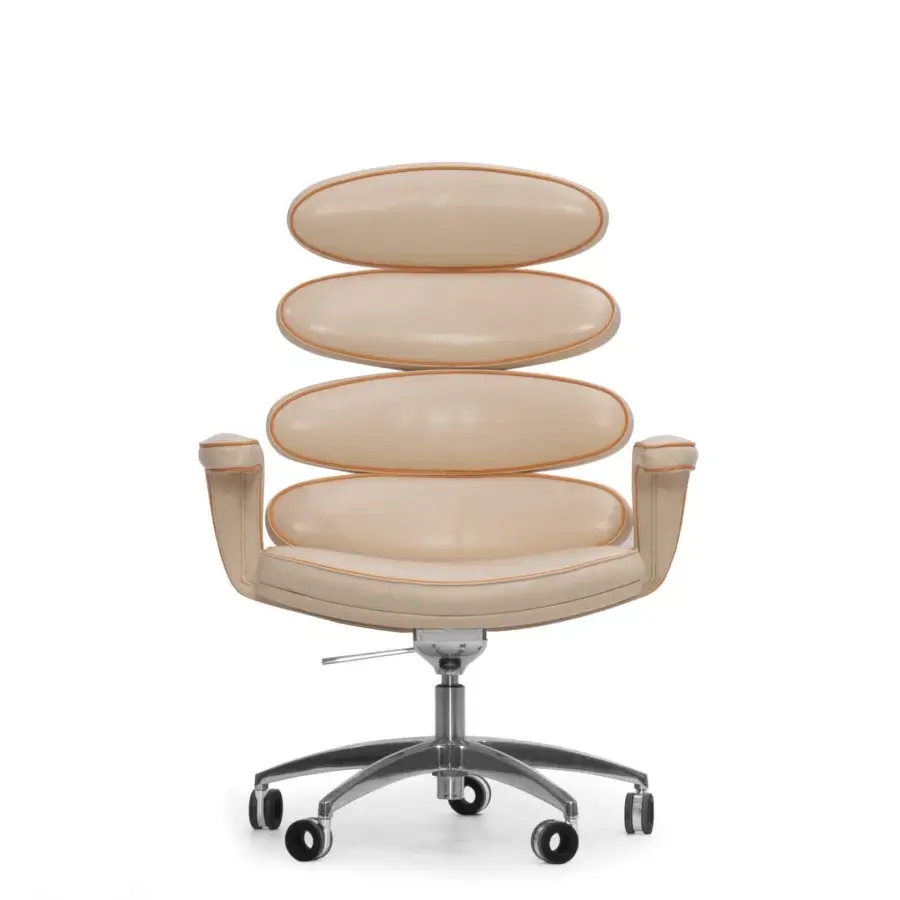 Superior Mascheroni Airone armchair crafted in light beige synthetic material with a satin silver shaped birch wood and steel base